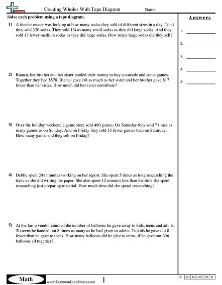 Creating Wholes With Tape Diagram Worksheet - Creating Wholes With Tape Diagram worksheet
